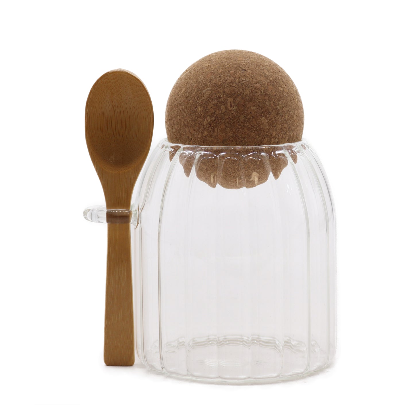 Cottage Bamboo Glass Jar - Ribbed & Spoon 10cm